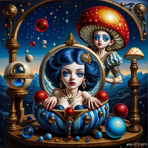 Prompt: (7 Wonders Art Glass Studio masterpiece), oil painting, (honoring Nuit), magical mushroom, blue shell, blue eye (Eye of Horus), vibrant colors, dreamy atmosphere, intricate details, mystical background with swirling galaxies, ethereal glow illuminating the mushroom, (ultra-detailed), high quality, enchanting and enchanting ambiance.