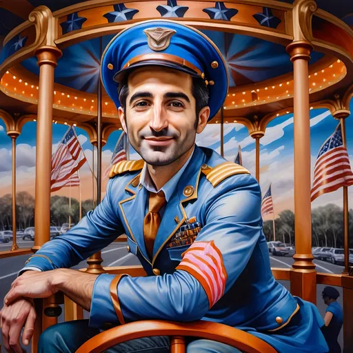 Prompt: (A masterpiece oil painting) of a man in (military uniform), riding the (Carousel of Heroes), vibrant colors highlighting the ornate design of the carousel. The scene is filled with a (nostalgic atmosphere), paying homage to (veterans and active military). Whispering elements of (honor) and (courage) are present, with artistic flourishes emphasizing the essence of (Nuit). The overall feel is (dramatic) and uplifting, portraying both valor and beauty in high definition.