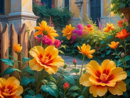 Prompt: (renaissance art style), vibrant color scheme, colorful flowers in a lush garden, wooden fence in the background, elegant building beyond, (rich vivid colors), (Flemish Baroque), enchanting ambiance, soft golden light, ultra-detailed petals glistening with dew, expressive and dynamic brush strokes, inviting atmosphere.