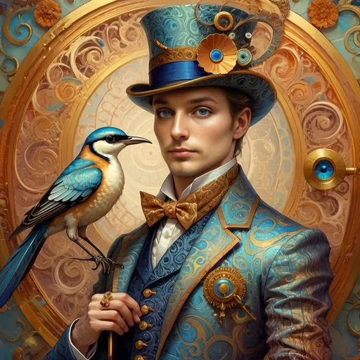 Prompt: a painting of a colorful bird with a circular background and a gold ring around it's neck and a blue eye, Android Jones, psychedelic art, highly detailed digital painting, a detailed painting