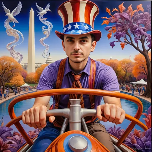 Prompt: A (masterful) Seven Wonders Art Glass Studio painting, depicting a (charming) magician man in a (patriotic) top hat, joyfully riding a rollercoaster in Liberty Park, featuring vibrant colors and whimsical elements, with a prominent Washington Monument in the background, intricately integrated with the phrase (accurately spelled text "Yankee Doodle"), all while encapsulating the theme of (honoring Nuit and the Aeon of Horus), ultra-detailed, colorful and dynamic atmosphere.