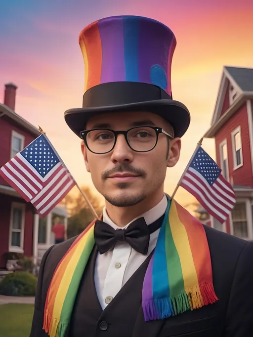 Prompt: (magician in a stunning top hat and stylish glasses), colorful (American and rainbow flags waving), captivating self-portrait, enchanting atmosphere, charming house in the background, inviting and whimsical design, vibrant colors, warm lighting, professional and modern aesthetic, perfect for a website, (high quality) 4K, ultra-detailed.