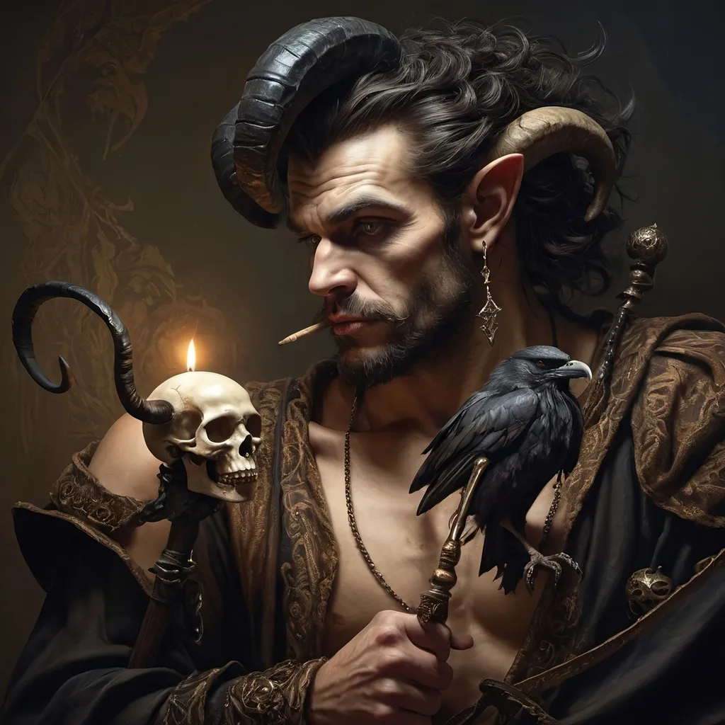 Prompt: (Renaissance still life), (man magician satyr), (dark color scheme), (elegant pose), (horns), holding a cane with skull orc, (crow perched on his shoulder), intricate details, moody ambiance, dim celestial lighting, rich textures, dramatic shadows, (stylized cane topped with a skull orb), ultra-detailed, high quality, evocative atmosphere.