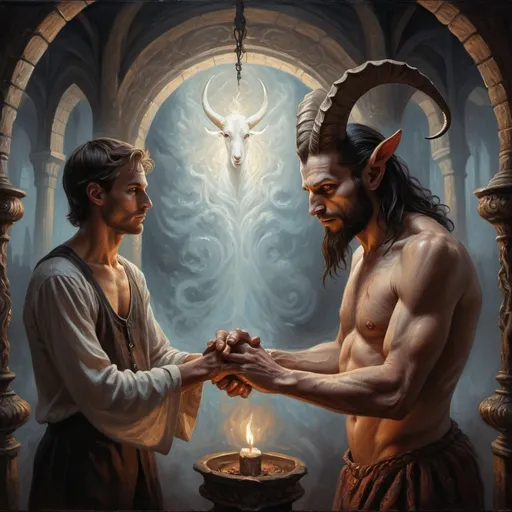 Prompt: (fantasy art scene) a man and a goat touching hands, flickering candlelight casting shadows, dark atmosphere, (mystical) swirling dark hues, ominous sign saying "the devil is coming," (oil painting) intricate details, high contrast lighting, stirring expression, deep textures, fantasy ambiance, (ultra-detailed), capturing the tension of the moment.