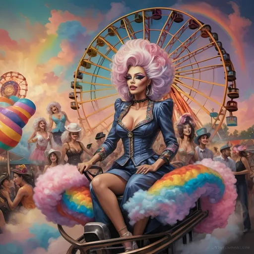 Prompt: (honoring nuit), a mesmerizing painting of colorful drag queens exuding joy and fabulousness while riding a roller coaster, vibrant (rainbow) painted on the side, a whimsical ferris wheel creating a festive atmosphere in the background, whimsical cotton candy clouds, (dynamic movement), warm pastel colors enhancing the lively scene, ultra-detailed, high-quality artwork capturing a celebratory ambiance.