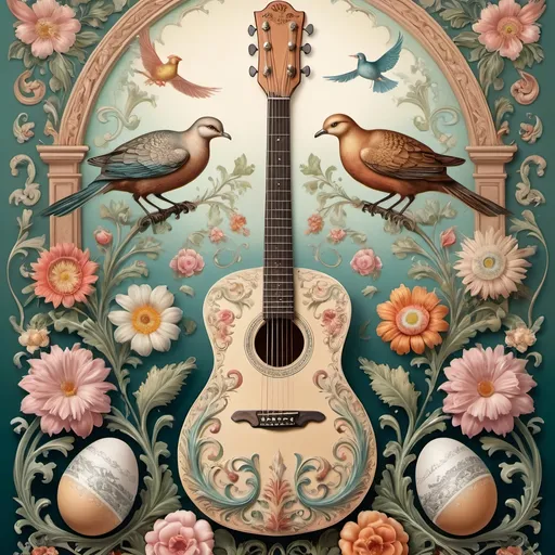 Prompt: (artstyle-renaissance) poster design, (pastel color scheme), centerpiece guitar, surrounded by decorative elements, exquisite eggs, (delicate birds), vibrant flowers, inspired by Ernst Haeckel, rich folk art details, (elaborate) design touches, influences of Flemish Baroque, (elegant composition), soft lighting, (ethereal vibe), ultra-detailed, high quality