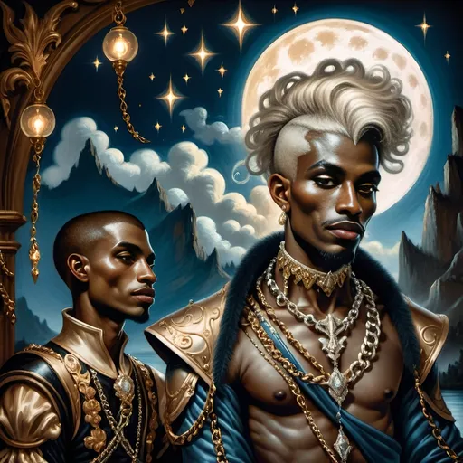 Prompt: (breathtaking baroque painting), two warriors (draped in metal and chains), adorned with furs and diamonds, standing majestically on a cliff, gazing over a tranquil lake at night, illuminated by a (brilliant full moon) honoring Nuit, surrounded by countless fireflies, enveloped in a (mystical and esoteric ambiance), detailed textures, rich colors, dramatic contrasts, (ultra-detailed) artistry capturing the essence of wonders.