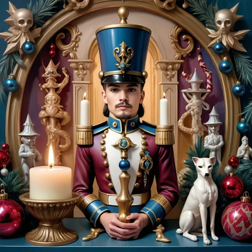 Prompt: a nutcracker with a candle and a candle holder in front of it, surrounded by christmas decorations, Anne Stokes, pop surrealism, extremely detailed oil painting, an airbrush painting