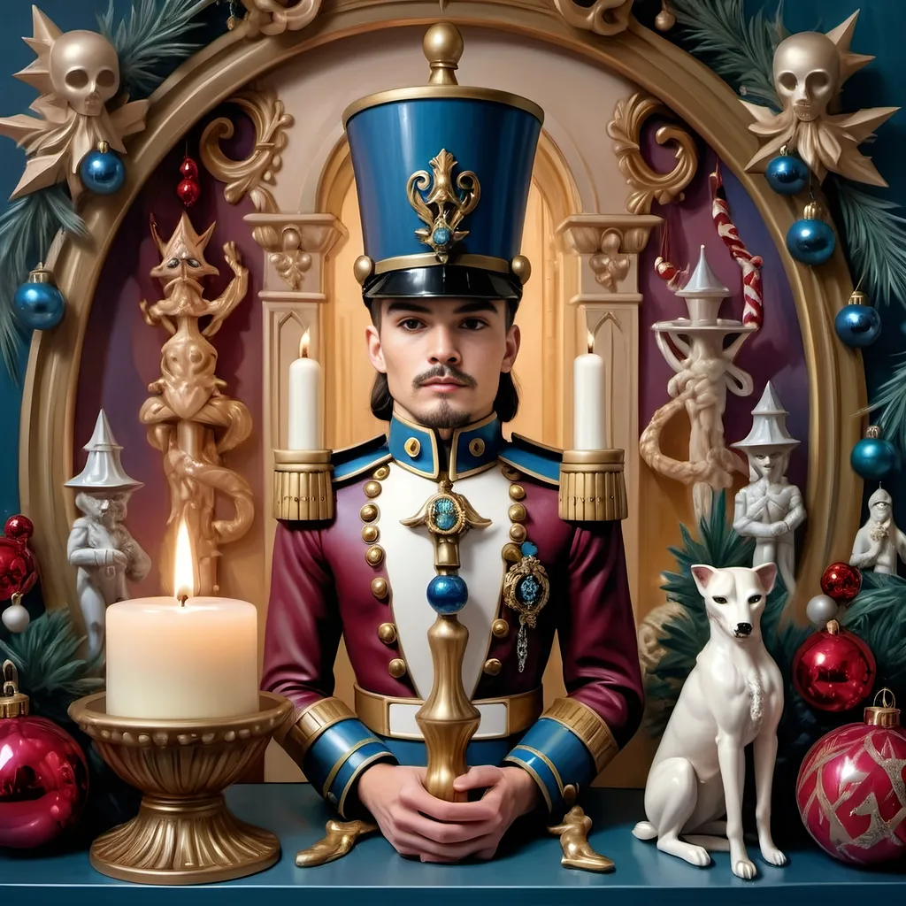 Prompt: a nutcracker with a candle and a candle holder in front of it, surrounded by christmas decorations, Anne Stokes, pop surrealism, extremely detailed oil painting, an airbrush painting