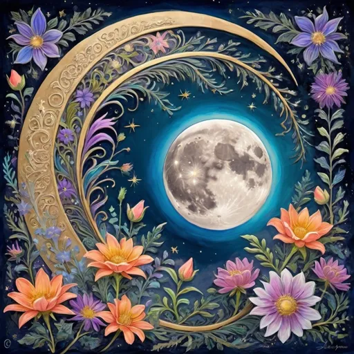 Prompt: (accurately spelled text "the moon is in the sky"), painting of flowers, (serene) moonlit night, honoring Nuit, vibrant colors, intricate details, floral motifs, celestial atmosphere, ethereal glow, high-resolution fantasy art, framed artwork, whimsical elements, (HD) digital masterpiece, enchanting ambiance, lush blooms filled with magic, awe-inspiring moonlight, combining nature and celestial beauty.