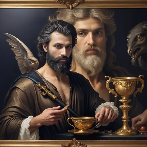 Prompt: (oil painting) Honoring Nuit, a man with a (wisdom-filled beard) holding a harp and a (rich) cup of wine, next to a (gilded golden cup), Ditlev Blunck's artisanal touch, (neoclassical elegance) with (Flemish Baroque influences). The atmosphere reflects reverence and beauty, drenched in (warm, golden tones), evoking the essence of a (divine encounter) that captures a mortal honoring the God Pan. Ultra-detailed, quintessential classical painting.