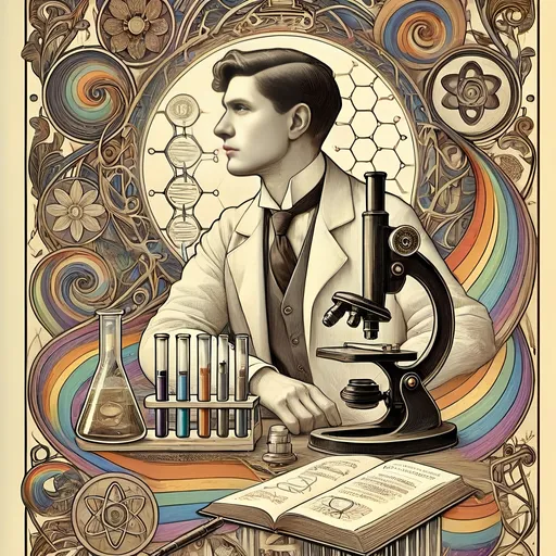 Prompt: (poster), (psychedelic art), gay scientist man, wearing a lab coat, holding a microscope and a book, vibrant colors, swirling patterns, abstract forms surrounding him, intricate details, mesmerizing visuals, science and knowledge theme, illuminated background, enchanting atmosphere, bold and dynamic composition, visually captivating, high-quality 4K, artistic masterpiece.