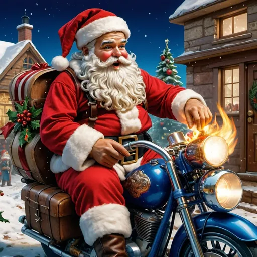 Prompt: a man dressed as santa claus riding a motorcycle with a flame in his hand and a helmet on his head, Ernest William Christmas, verdadism, foto realistic, an album cover