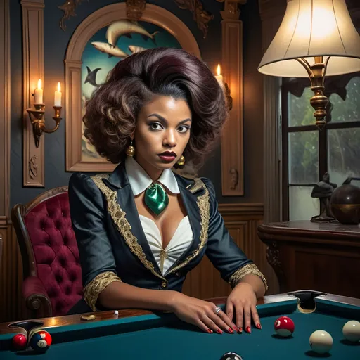 Prompt: (shark in a suit, playing pool), fine art, (pop surrealism) influences, classical painting style, whimsical atmosphere, (detailed textures), vibrant color tones, deep blues and greens, mixed with rich burgundies, engaging composition, pool cues and balls (surreal twist), intricately painted background with elements of artistry, 4K quality, (evocative mood), inspired by 7 Wonders Art Glass Studio, honoring Nuit.