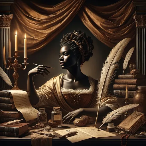 Prompt: (Baroque-style still-life portrait), an elegant Black female poet, (literary creativity), surrounded by quill pens, parchment, and books, infused with rich details, (dramatic candlelit background), warm golden hues, intricate textures, expressive emotions, portraying admiration and inspiration, high-resolution, ultra-detailed, art of storytelling and legacy.