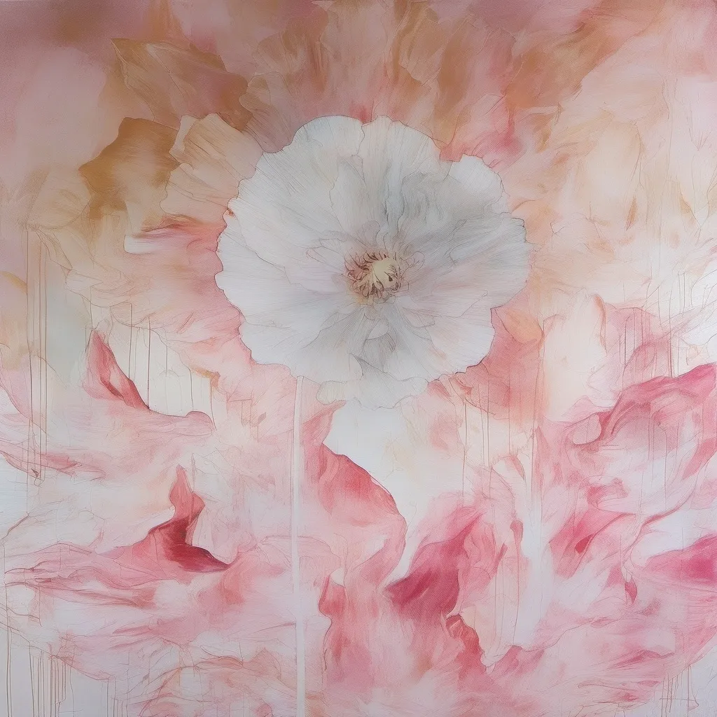 Prompt: Delicate, crinkled petals unfold in a mesmerizing display of soft whites and gentle pinks, showcasing the intricate textures and graceful curves of a flower, likely a peony. The background fades softly into a blurred mix of hues, allowing the prominent, ruffled edges of the petals to capture the viewer’s attention, evoking a sense of fragility and beauty. Sunlight filters through, illuminating the petals with a warm glow while highlighting the fine veins and natural imperfections that add character to this floral subject. This close-up view, rich in detail, conveys a serene and intimate appreciation of nature's artistry, inviting contemplation and admiration.