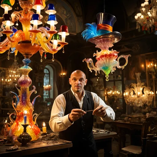 Prompt: (Baroque style) Glass Artisan and Magician, (vibrant colors), man wearing a magical top hat, carefully constructing enchanting magical lights in an intricate chandelier. Lush workshop setting, blending the magic of the real world with Murano’s artistry, (Venice), surrounded by stunning glass artworks, dramatic shadows, and a cozy ambiance, (ultra-detailed).