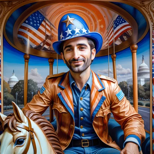 Prompt: (A Seven Wonders Art Glass Studio), oil renaissance painting, (vibrant colors), a man in military uniform, proudly riding on a Carousel of Heroes, surrounded by gracefully carved horses, soft, glowing ambiance, honoring veterans and those serving in the U.S. Military, warm golden lighting, intricate details in the uniform, carousel with richly adorned decorations, respectful atmosphere, high quality, ultra-detailed.