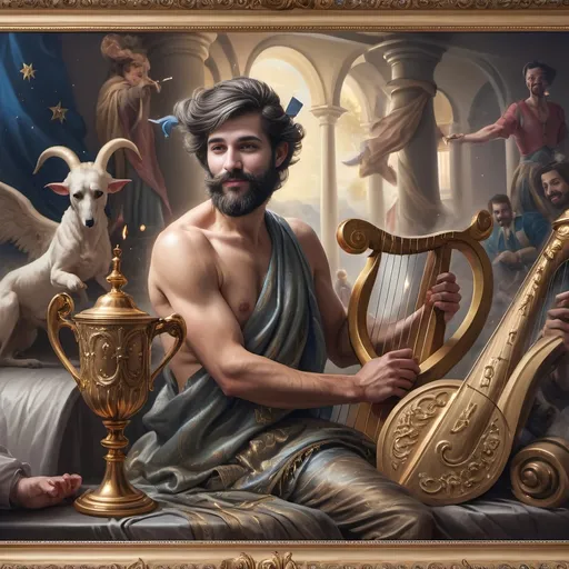 Prompt: (honoring Nuit) oil painting, (Ditlev Blunck style), neoclassical aesthetics, classical painting, flemish Baroque influence, a man with a beard holding a harp, a cup of wine, a golden cup beside him, capturing a mortal honoring the God Pan, rich colors, warm lighting, stunning detail, ethereal ambiance, 4K, ultra-detailed masterpiece, surrounded by a serene, heavenly setting.