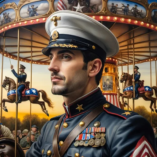 Prompt: A Seven Wonders Art Glass Studio oil renaissance painting of a man in military uniform riding on Carousel of Heroes.  Honors veterans and those serving in U.S. Military.  Honoring Nuit.  