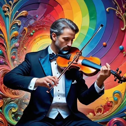 Prompt: (Hearing in Color), art nouveau style vibrant color scheme, (complex rainbow swirl) background, painting of a man playing violin, intricate items surrounding him, (renaissance still life) elements, (music flowing as a rainbow), dynamic movement, mixing visual art with sound, hyper-detailed, rich textures, cinematic ambiance, enchanting atmosphere, (4K ultra-detailed quality), colorful symphony of sight and sound.