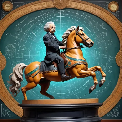 Prompt: (art movement: Art Deco), vibrant color scheme, (Carousel of Science), highly detailed digital painting, statue-like Albert Einstein, gracefully posed on a (majestic horse), a mysterious (chalkboard) filled with equations and sketches in the background, (ultrafine details), playful yet thoughtful atmosphere, intricate geometric patterns, rich textures, 4K quality, striking composition, dynamic blending of colors, creative expression through scientific wonder.