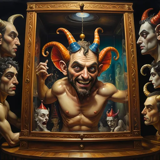 Prompt: (7 Wonders Art Glass Studio), (oil painting), demons as jack-in-the-boxes, circus setting, (highly detailed), (ultra-fine details), esoteric ambiance, dark and mysterious atmosphere, surreal colors, intricate textures, curiosity sparks, vivid contrasting shadows, ethereal lighting, artistically whimsical exhibits, hauntingly beautiful, capturing the essence of Nuit.