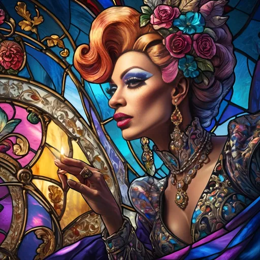 Prompt: (still life portrait), (stained glass artisan drag queen), (baroque style), highly detailed, brilliant colors, psychedelic patterns, intricate glass texture, warm lighting, decorative elements, ornate background, opulent ambiance, luxurious vibe, vivid contrast, ethereal atmosphere, artful composition, 4K quality, ultra-detailed, radiant reflections, artistic masterpiece.