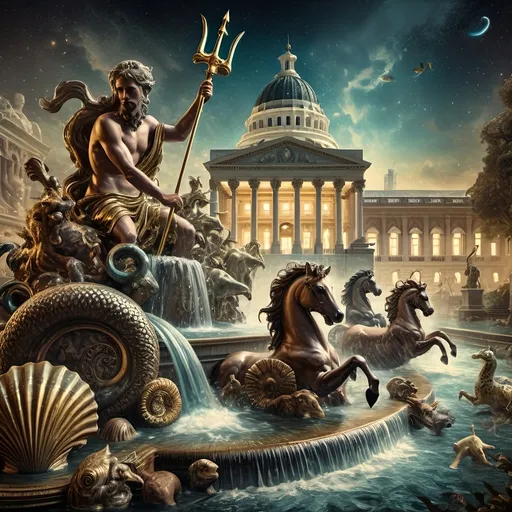 Prompt: (Court of Neptune, Library of Congress), vibrant color scheme, (Art Deco style), man riding a (horse in water), surrounded by (other animals), majestic building in the background, inspired by Carel Willink, neoclassicism influences, ultra-detailed, cinematic matte painting, grand composition, rich textures, high quality 4K, enchanting atmosphere, dreamy ambience, fantastical elements intertwined.