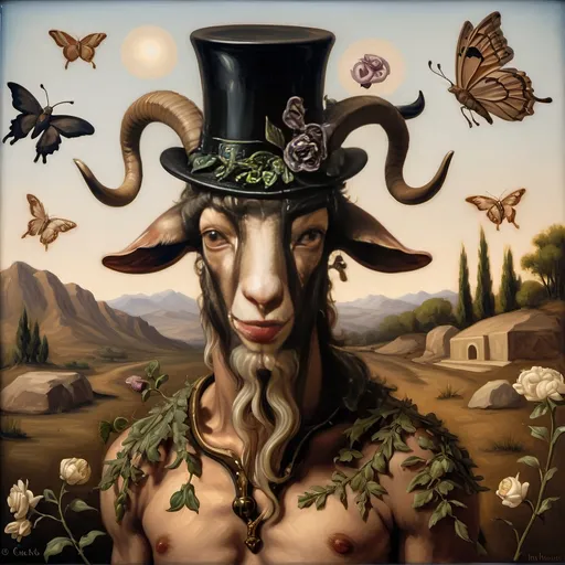 Prompt: A Seven Wonders Art Glass Studio oil masterpiece painting of a goat with a top hat and flowers on its head and a butterfly honoring Nuit.  Commissioned Spring Equinox 1467 Renaissance pop surrealism, pj crook, a detailed painting