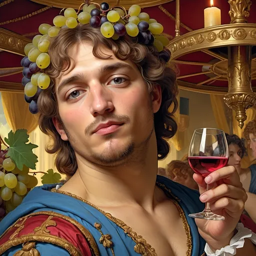 Prompt: (Jean-Auguste Dominque Ingres style), (carousel of Humanity Pleasure Bacchus), painting of Bacchus holding a glass of wine and a candle, surrounded by luscious grapes, riding a vibrant carousel, (renaissance style), (baroque), pastel color scheme, ethereal ambiance, magical atmosphere, ultra-detailed, (highly detailed digital art), (digital rendering), intricate elements, immersive background.