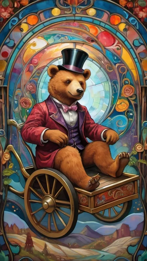 Prompt: Art nouveau painting of a (magician riding a cart shaped like a cub bear), vibrant color scheme, (hallucinogenic swirls) and (patterns), whimsical amusement park ambiance, (constructed from stained glass and porcelain), richly detailed textures, (dreamlike atmosphere), enchanting backdrop filled with colorful attractions, captivating light play, ultra-detailed, imaginative masterpiece.