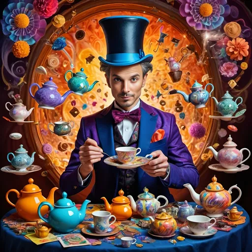 Prompt: (Still life portrait) of a (magician jack-in-the-box man), surrounded by (vibrant teapots) and enchanting magical items bursting to life at a whimsical tea party, open book in front, (psychedelic art style), radiant colors, swirling patterns, vivid details, enchanting atmosphere, imaginative composition, honeyed lighting, intriguing objects, high definition, ultra-detailed.