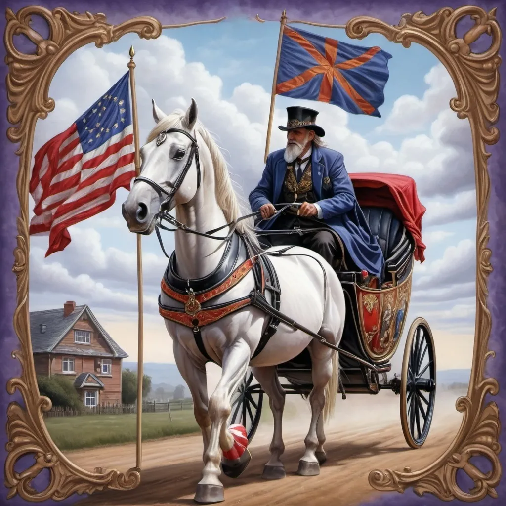 Prompt: a painting of a horse pulling a carriage with a man on it's back and a flag on the back, Anne Stokes, psychedelic art, highly detailed digital art, a detailed painting