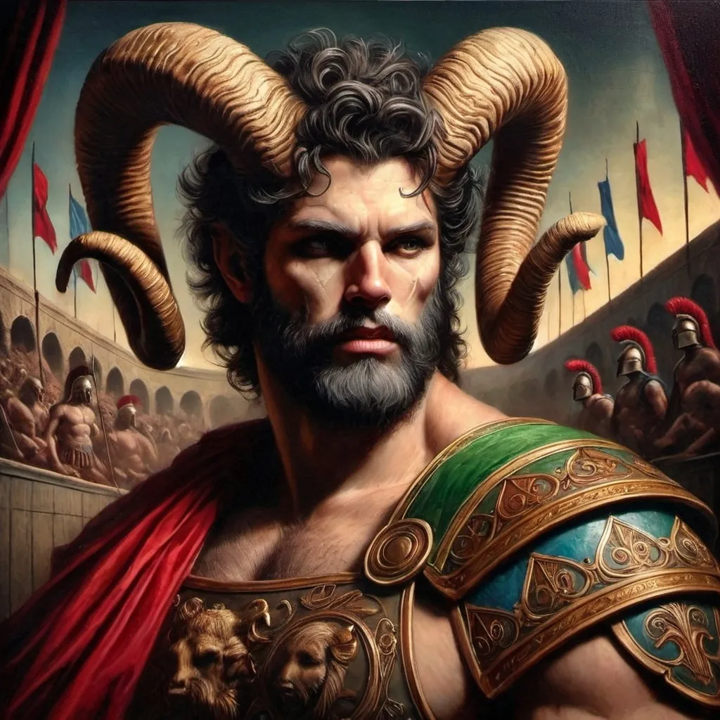 Prompt: a painting of a man with horns and a beard wearing a costume with a red cape and a red cape, Clint Cearley, fantasy art, epic fantasy character art, a fine art painting