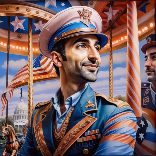 Prompt: (A masterpiece oil painting) of a man in (military uniform), riding the (Carousel of Heroes), vibrant colors highlighting the ornate design of the carousel. The scene is filled with a (nostalgic atmosphere), paying homage to (veterans and active military). Whispering elements of (honor) and (courage) are present, with artistic flourishes emphasizing the essence of (Nuit). The overall feel is (dramatic) and uplifting, portraying both valor and beauty in high definition.