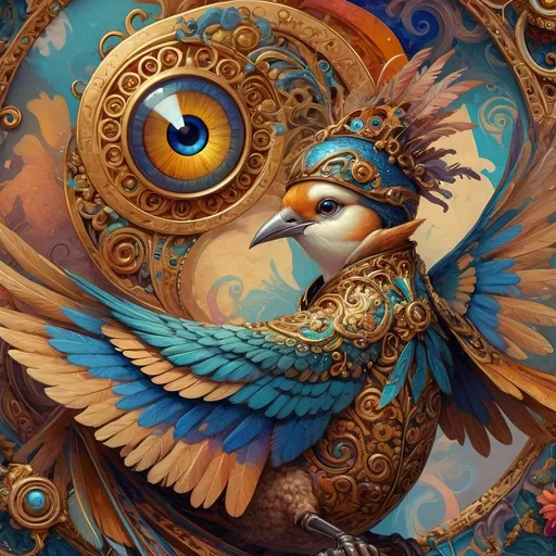 Prompt: a painting of a colorful bird with a circular background and a gold ring around it's neck and a blue eye, Android Jones, psychedelic art, highly detailed digital painting, a detailed painting