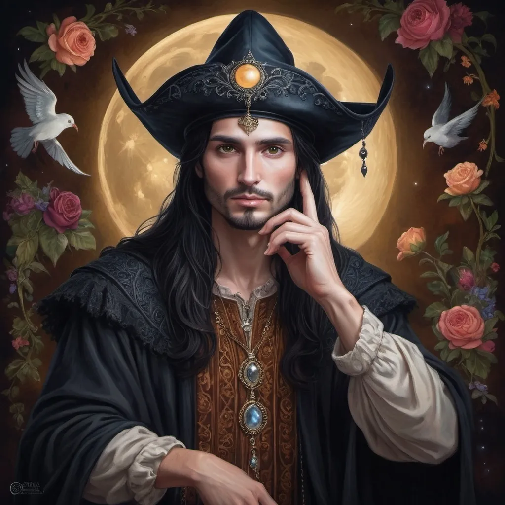 Prompt:  a painting of a dark headed saytr with a magical hat painted on it, magical ambiance, friendly, highly detailed digital painting, an ultrafine detailed painting.  Add Renaissance background.  Adorn with mystic florals.  Add moon influences