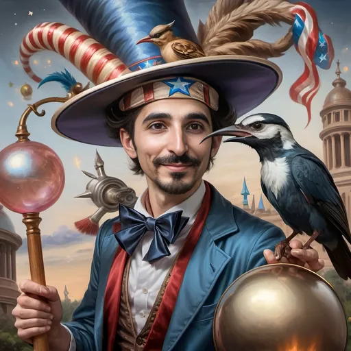 Prompt: A (captivating) oil painting depicting a (mysterious magician) with a (horned head), a (bird perched gracefully on his shoulder), holding a (beautifully crafted cane) and an (orb in his hand), beautifully capturing themes of (fantasy) and (transformation). Character portrait-style, influenced by (Clint Cearley's) signature artistry, with ethereal hues and (vivid detailing) honoring the legendary figures of (Pan and Nuit), set against a dreamy, (surreal background) that evokes wonder.