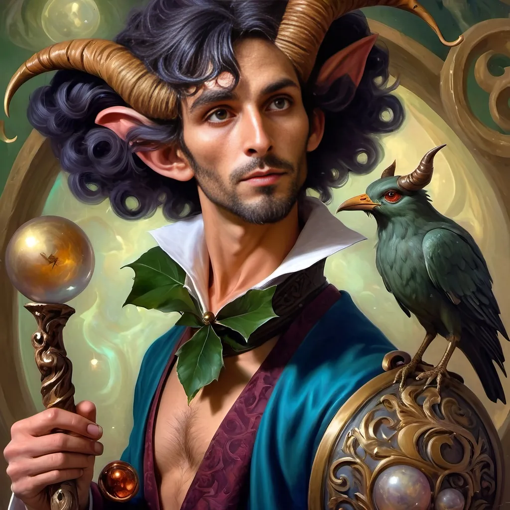 Prompt: A (captivating) oil painting depicting a (mysterious magician) with a (horned head), a (bird perched gracefully on his shoulder), holding a (beautifully crafted cane) and an (orb in his hand), beautifully capturing themes of (fantasy) and (transformation). Character portrait-style, influenced by (Clint Cearley's) signature artistry, with ethereal hues and (vivid detailing) honoring the legendary figures of (Pan and Nuit), set against a dreamy, (surreal background) that evokes wonder.