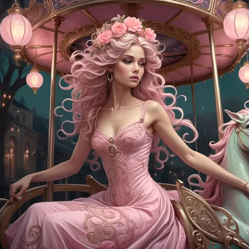 Prompt: (Medusa on a carousel), (Art Nouveau style), pastel colors, intricate swirling patterns, whimsical elements, dragon-headed character, woman in elegant pink dress, enchanted atmosphere, flowing hair, ornate carriage embellished with floral motifs, magical ambiance, vibrant yet soft lighting, Charlie Bowater inspired, ultra-detailed digital painting, fantasy art, masterpiece, 4K resolution, enchanting dreamlike quality.