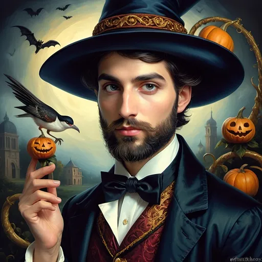 Prompt: (honoring Nuit), captivating handsome man magician with an elegant beard, wearing a pointed witch hat, (renaissance baroque painting style), facial features highlighted in detail, dark mystical background that enhances the allure, rich deep colors creating dramatic contrast, elements of Halloween celebration subtly interwoven, inviting an atmosphere of enchantment and mystery, ultra-detailed, a captivating masterpiece.