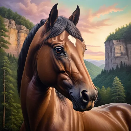 Prompt: (Honoring Nuit), (detailed oil painting), majestic stallion horse, awe-inspiring landscape of Eastern Kentucky, lush forest covered mountains, iconic Natural Bridge, vibrant greens of heavy trees and dense vegetation, ethereal twilight sky, serene atmosphere, high depth cinematic beauty, ultra-detailed, rich color tones, captures the essence of nature and glory of the stallion.