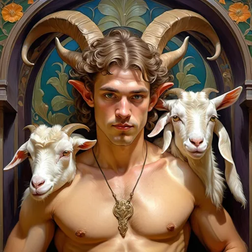 Prompt: (art nouveau style), vibrant colors, a satyr man with elaborate horns, gently holding a goat on his shoulder, positioned in front of a richly adorned wall, inspired by Donato Giancola, (figurative art), highly detailed, digital painting reminiscent of an oil painting, intricate designs, rich textures, dramatic lighting, emotional ambiance, 4K, ultra-detailed masterpiece.