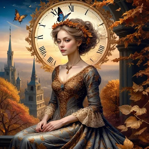 Prompt: (Renaissance style), (dark color scheme), painting of nature as a woman, flowing dress, delicate fabric, intricate details, butterfly in her hair, serene expression, surrounded by autumn leaves, rich browns and deep golds, ethereal atmosphere, soft, glowing light filtering through, capturing the essence of the Autumn Equinox, ultra-detailed, high-quality artwork.