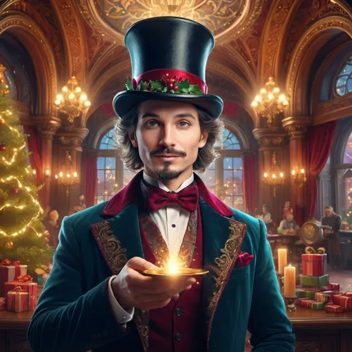 Prompt:  Christmas setting. (magician with top hat), (magical ambiance), intricate details, cheerful expression, (ultra-fine detailed digital painting), vibrant colors, dramatic lighting, Renaissance background with ornate architecture, whimsical elements, captivating aura, enchanting atmosphere, showcasing magical effects and sparkles, (4K), enchanting scene, visually stunning masterpiece.