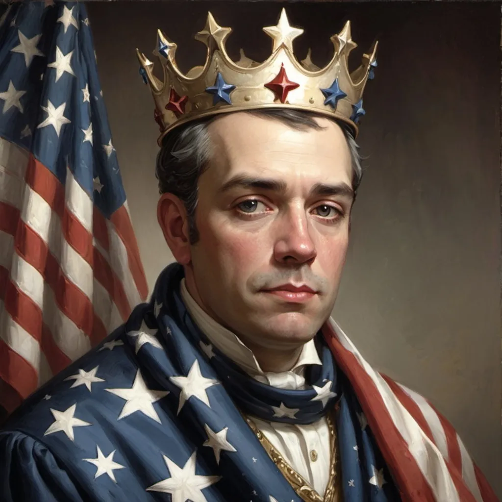 Prompt: a painting of a man wearing a crown and a scarf with stars and stripes on it, with an american flag in the background, Edward Otho Cresap Ord, II, american romanticism, official art, a character portrait