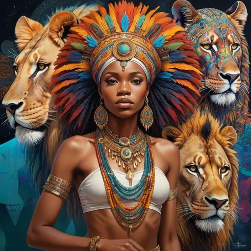 Prompt: (Chinwe Chukwuogo-Roy inspired), highly detailed digital painting, afrofuturism elements, a woman wearing an ornate headpiece, a majestic lion juxtaposed with her face, vibrant colors blending harmoniously, intricate patterns in the background, a detailed map of Africa framed behind, ethereal ambiance, captivating and symbolic, ultra-detailed, fine art masterpiece, evocative and sophisticated atmosphere.