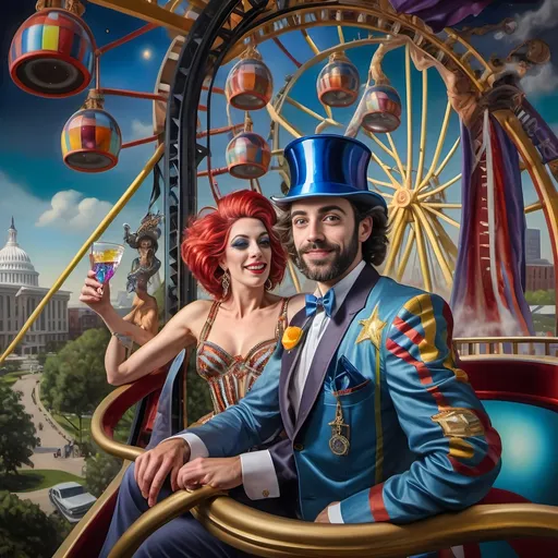 Prompt: (A Seven Wonders Art Glass Studio oil masterpiece) Art Deco style, vibrant color scheme, a lively group of drag queens in extravagant clothing, ascending a fantastical roller coaster in Liberty Park, joyful expressions, others on a colorful Ferris wheel, overlooking local attractions, honoring Nuit, dynamic composition, rich details, luxurious textures, atmospheric vibrant lighting, ultra-detailed, celebratory ambiance.