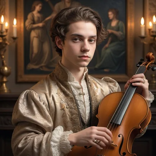 Prompt: (Renaissance-style portrait), honoring a (non-binary musician), capturing artistry and creativity, muted color scheme, rich details, soft lighting, intricate background with classical motifs, thoughtful expression, detailed attire with elegant patterns, emotive atmosphere, subtle textures, high-quality, (ultra-detailed).